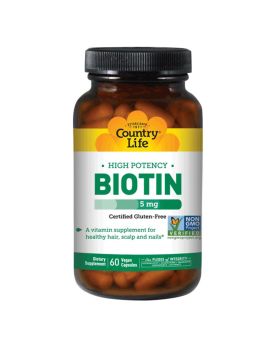 Country Life High Potency Biotin 5 mg Gluten-Free Vegan Capsules For Hair, Scalp & Nails, Pack of 60's