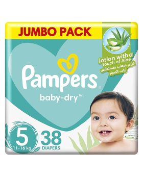 Pampers Baby-Dry Diapers With Aloe Vera Lotion & Leakage Protection, Size 5, For 11-16 Kg Baby, Jumbo Pack of 38's