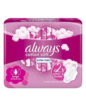 Always Cotton Soft Ultra Thin Large Sanitary Pads With Wings, Pack of 8's