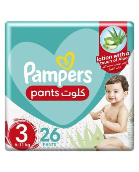 Pampers Aloe Vera Lotion Infused Baby-Dry Pants With Stretchy Sides & Leakage Protection, Size 3, For 6-11 Kg Baby, Mega Pack of 26's
