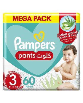Pampers Aloe Vera Lotion Infused Baby-Dry Pants With Stretchy Sides & Leakage Protection, Size 3, For 6-11 Kg Baby, Mega Pack of 60's