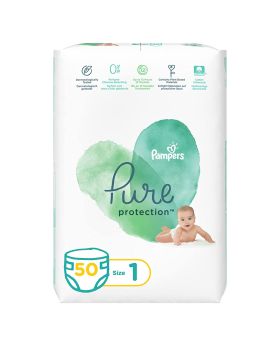 Pampers Pure Protection Dermatologically Tested Perfume Free Diapers, Size 1, For 2-5 Kg Baby, Pack of 50's