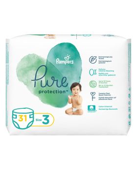 Pampers Pure Protection Dermatologically Tested Perfume Free Diapers, Size 3, For 6-10 Kg Baby, Pack of 31's