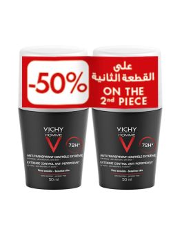 Vichy Homme 72 Hour Soothing Anti Perspirant Deodorant Roll-On 50ml, Buy 1 Get 50% Off On 2nd Piece, Promo Pack