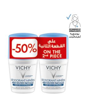 Vichy 48 Hours Anti-Odour Aluminum Free Mineral Deodorant Roll-On 50ml, Buy 1 Get 50% Off On 2nd Piece, Promo Pack