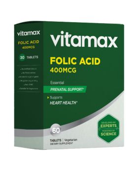 Vitamax Folic Acid 400 mcg Tablets For Prenatal Support & Healthy Heart Function, Pack of 60's
