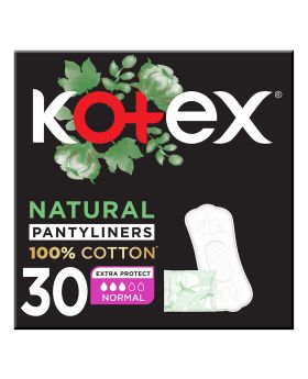 Kotex Natural Panty Liners Made Of 100% Cotton For Extra Protection, Normal Size, Pack of 30's