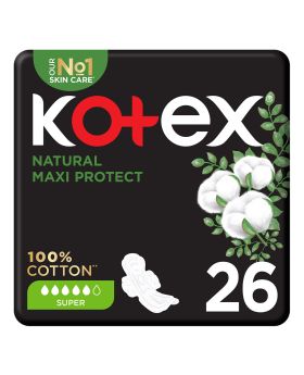 Kotex Natural Maxi Protect Thick 100% Cotton Pad With Wings, Super Size, Pack of 26's
