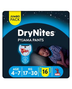 Huggies DryNites Pyjama Pants, Disposable Bed Wetting Diaper For 4-7 Years Old Boys Weighing 17-30 kg, Jumbo Pack of 16's
