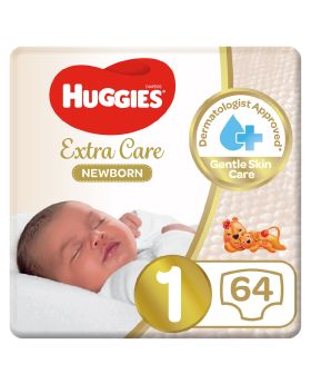 Huggies Extra Care Newborn Diapers, Size 1, For Baby Up to 5 kg, Jumbo Pack of 64's