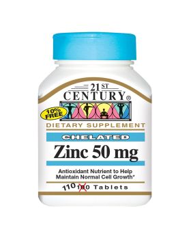 21st Century 50mg Chelated Zinc Tablets For Antioxidant Support, Pack of 110's