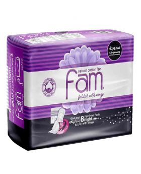 Fam Maxi Thick Natural Cotton Feel Night Sanitary Pads With Wings, Pack of 8 x 12’s