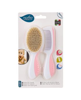Nuvita Baby Hair Styling Natural Wool Bristles & Comb Kit, Cool Pink