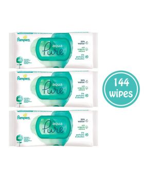 Pampers Aqua Pure Baby Wipes Made With 99% Pure Water & Organic Cotton, Pack of 144's