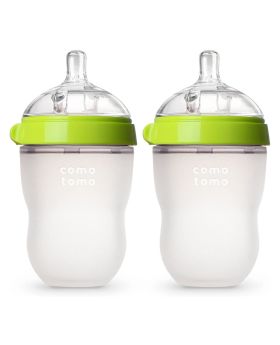 Comotomo Soft Hygienic Silicone Natural Feel Baby Feeding Bottle Green/White 250ml, Pack of 2's