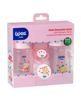 Wee Baby Little Dinosaur Printed Baby Feeding Bottles With Soother Starter Gift Set Pink