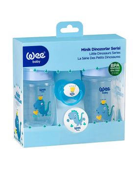 Wee Baby Little Dinosaur Printed Baby Feeding Bottles With Soother Starter Gift Set Blue