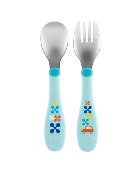 Chicco Stainless Steel Metal Cutlery Set Of Spoon & Fork For 18+ Months, Blue, Set of 2 Pieces