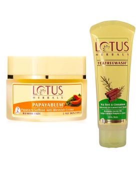 Lotus Herbals Papayablem Papaya-N-Saffron Anti-Blemish Cream 50g + Lotus Herbals Teatreewash Anti-Acne Oil Control Face Wash With Tea Tree & Cinnamon 120g PROMO PACK