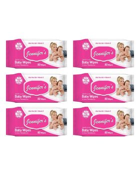 Jennifer's Alcohol Free Baby Wipes For Sensitive Skin With Aloevera & Vitamin E 80's, Pack of 6's