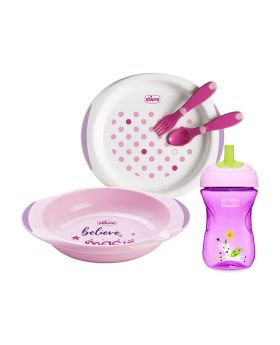 Chicco Weaning Set For 12 Months+ Baby - Pink, Pack of 5 Pieces
