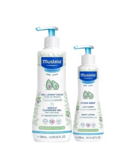Mustela Baby Skin Care Essentials With Mustela Baby Gentle Cleansing Gel, Hair & Body Wash For Normal Skin 500ml + Mustela Baby Hydra Bebe Soothing Moisturizing Body Lotion 300ml, Promo Pack of 2 Pieces