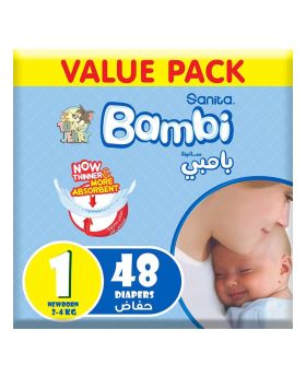 Sanita Bambi Tom And Jerry Baby Diapers, Size 1, For New Born With 2-4 Kg, Value Pack of 48's