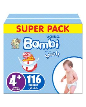 Sanita Bambi Tom And Jerry Baby Diapers, Size 4+, Large For 10-18 Kg Baby, Super Pack of 116's