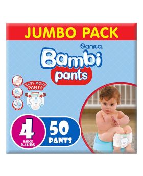 Sanita Bambi Easy Move Baby Diaper Pants, Size 4, Large For 8-14 Kg Baby, Jumbo Pack of 50's