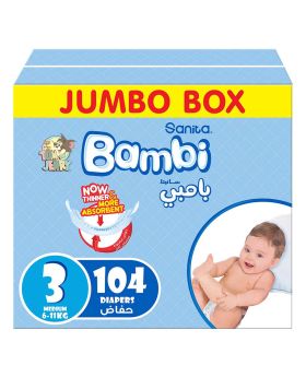 Sanita Bambi Tom And Jerry Baby Diapers, Size 3, Medium, For 6-11 Kg Baby, Jumbo Box of 104's 