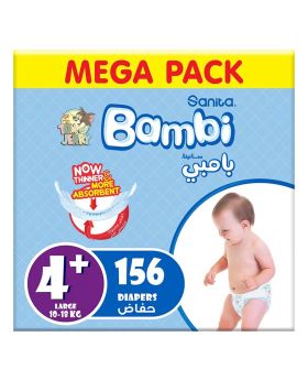 Sanita Bambi Tom And Jerry Baby Diapers, Size 4+, Large For 10-18 Kg Baby, Mega Pack of 156's