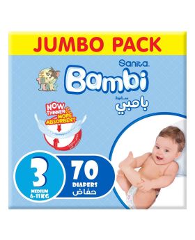 Sanita Bambi Tom And Jerry Baby Diapers, Size 3, Medium For 6-11 Kg Baby, Jumbo Pack of 70's 