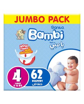 Sanita Bambi Tom And Jerry Baby Diapers, Size 4, Large, For 8-16 Kg Baby, Jumbo Pack of 62's 