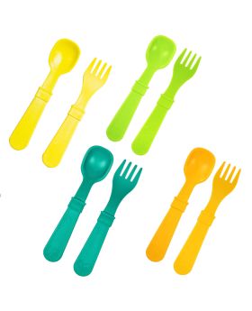 Re Play Feeding Utensil Set Of Spoon and Fork For Toddler & Infant, Orange, Yellow, Lime Green, Aqua Blue, Pack of 8 Pieces