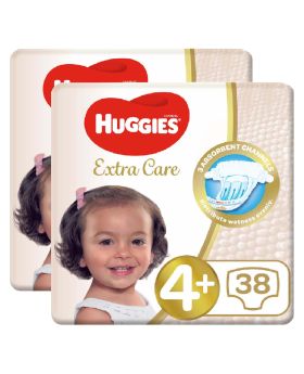 Huggies Extra Care Baby Diapers, Size 4+, For 10 -16kg Baby, Promo Pack of 2 x 38's, Special Price 35% Off