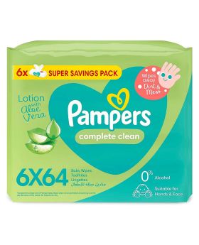 Pampers Complete Clean 0% Alcohol Baby Wipes With Aloe Vera Lotion, SUPER SAVING PACK of 384's