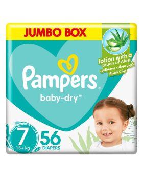 Pampers Baby-Dry Diapers With Aloe Vera Lotion & Leakage Protection, Size 7 For 15+kg Baby, Jumbo Pack of 56's