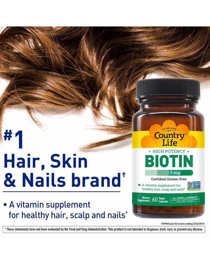 Buy Country Life High Potency Biotin 5 mg Gluten-Free Vegan Capsules For  Hair, Scalp & Nails, Pack of 60's Online at Best Price in UAE | Aster Online