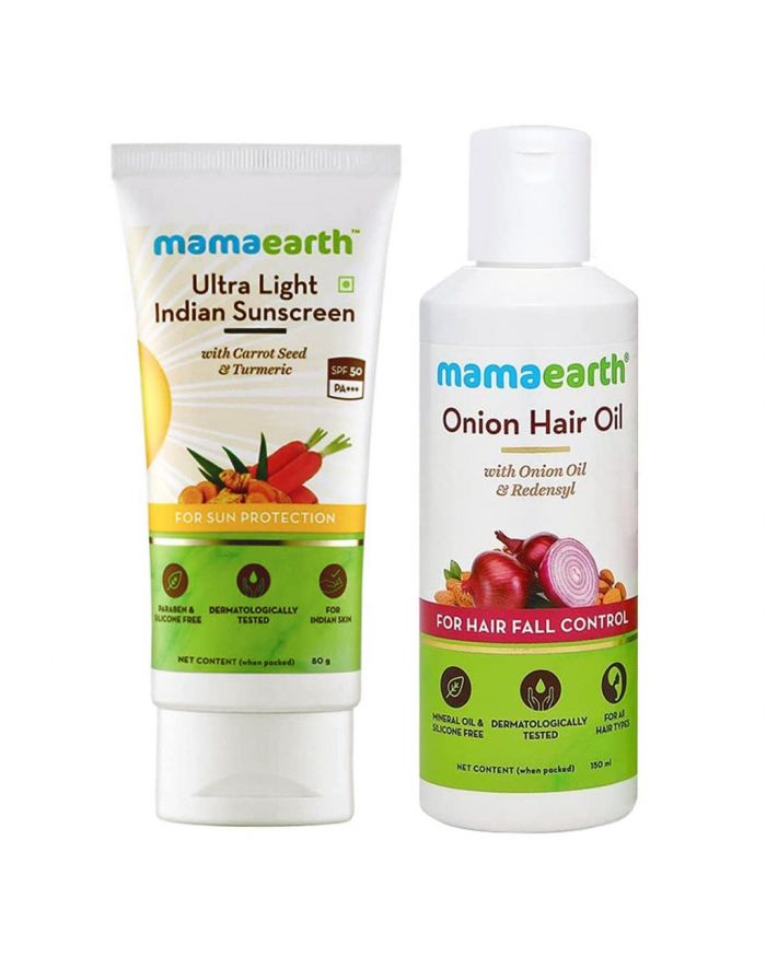 Buy Mamaearth Ultra Light SPF50 PA+++ Indian Sunscreen For Sun Protection  80 g + Mamaearth Onion Hair Oil For Hair Fall Control 150 mL Combo Pack  Online at Best Price in UAE | Aster Online