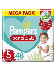 Pampers Aloe Vera Lotion Infused Baby-Dry Pants With Stretchy Sides & Leakage Protection, Size 5, For 12-18 Kg Baby, Mega Pack of 48's
