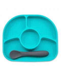 Bbluv Yumi Anti-Spill Silicone Plate And Spoon Set Aqua Blue For Babies