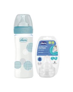 Chicco Well Being Glass Baby Feeding Bottle 240ml + Slow Flow Silicone Nipple For 0 Months+ Baby - Blue